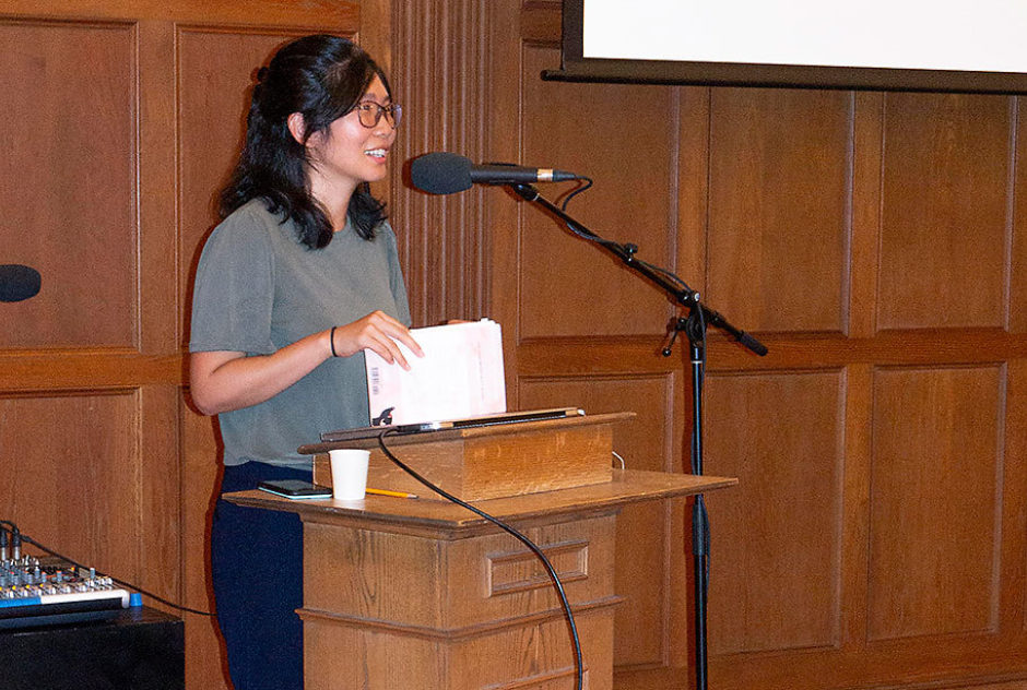 A Fellow presents at a podium during a MacDowell Downtown event
