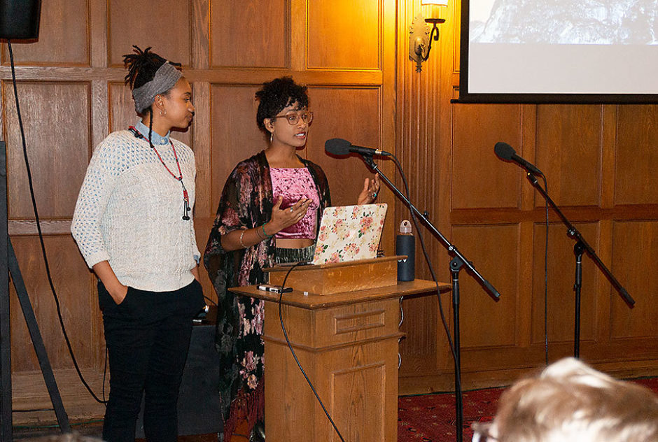 Fellows present at a podium during a MacDowell Downtown event