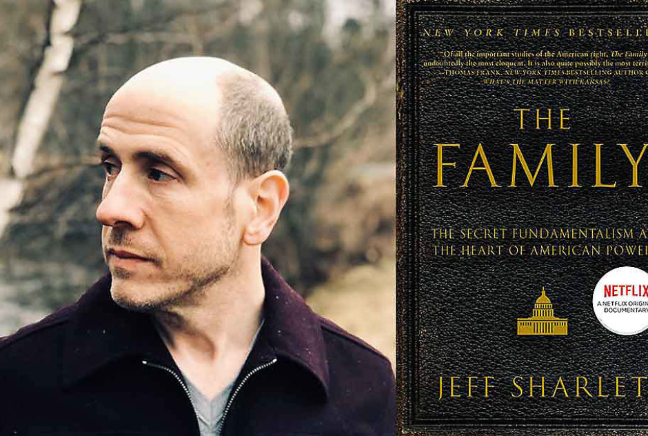 A diptych photo of author Jeff Sharlett with the cover art for his book titled "The Family"