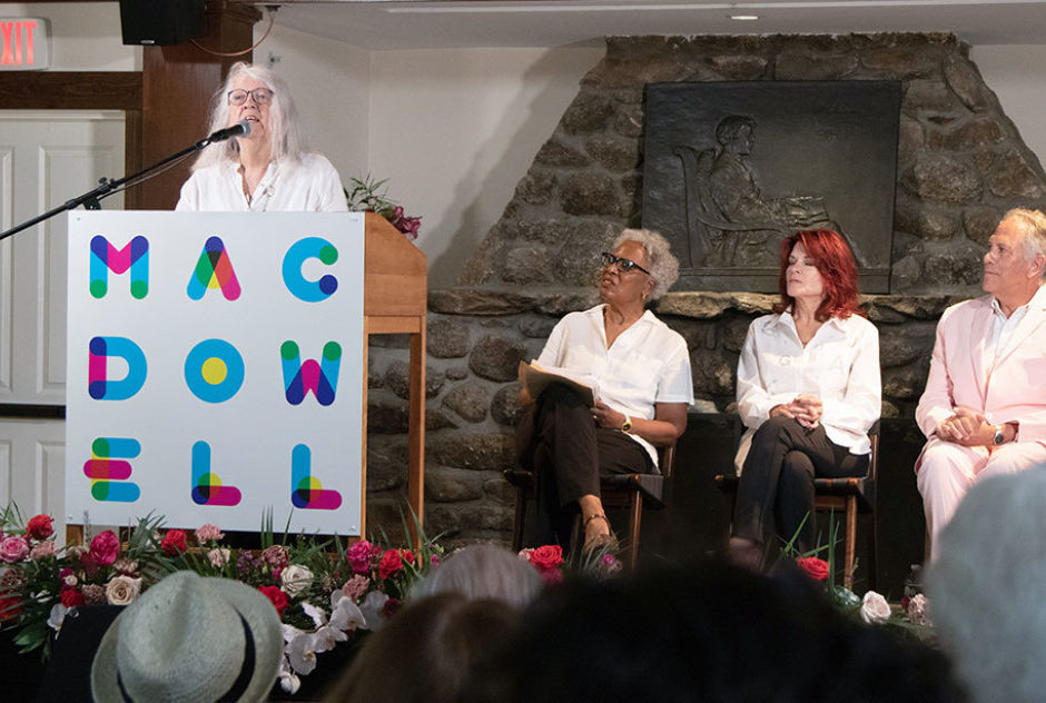 Poet and MacDowell Fellow Cheryl Savageau offered a land acknowledgement before the ceremony, noting that MacDowell sits on land historically occupied by the Abenaki peoples. (Joanna Eldredge Morrissey photo)