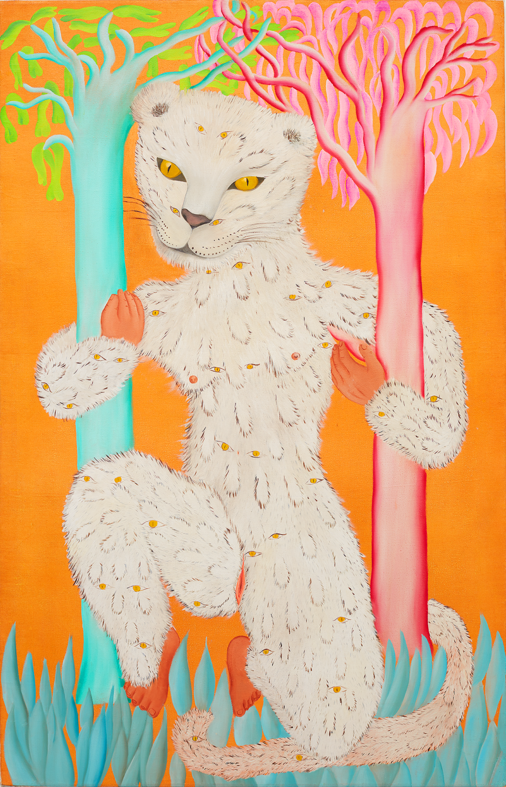 Artwork titled Leoparda de Ojitos. A humanoid leopard-like animal kneels between two small trees. The image is drawn with bright, neon colors.
