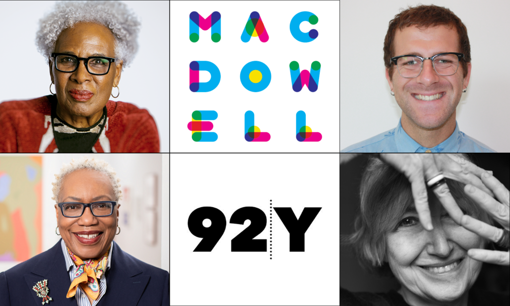Collage of six images. Four are portraits of event participants and the other two are the MacDowell and 92Y logos
