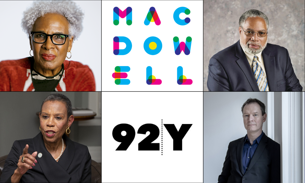 Collage of six images. Four are portraits of event participants and the other two are the MacDowell and 92Y logos