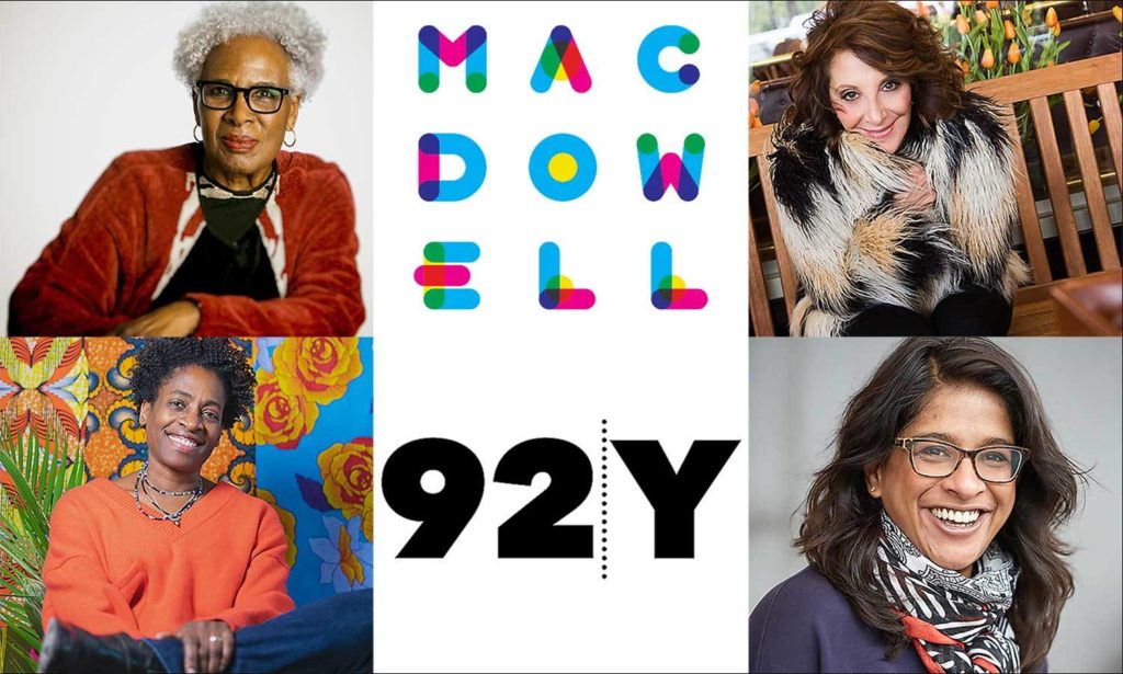 A collage of six photos. Four are portraits of event participants and the other two are the MacDowell and 92Y logos