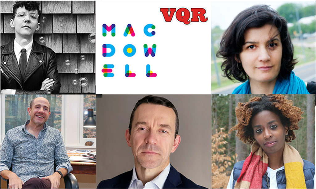 A collage of six images. Five are portraits of Fellows and one is a combination of the MacDowell and VQR logos