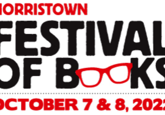 Logo for Morristown Festival of Books. Black and red lettering with festival dates at the bottom. The double o in Books is made up of reading glasses