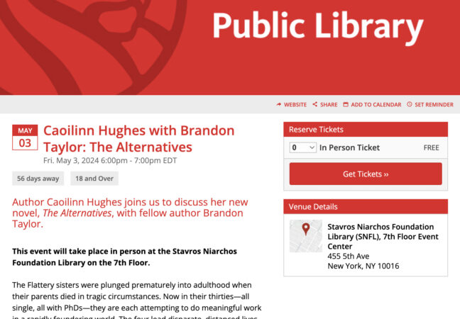 Launch of Caoilinn Hughes' THE ALTERNATIVES at Stavros NYPL with Brandon Taylor
