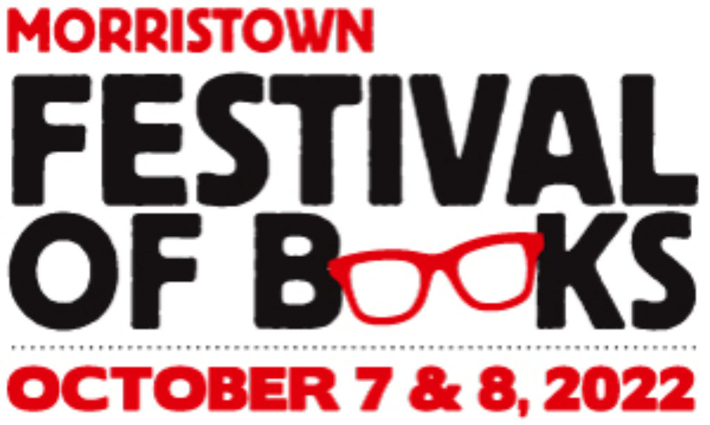 Logo for Morristown Festival of Books. Black and red lettering with festival dates at the bottom. The double o in Books is made up of reading glasses