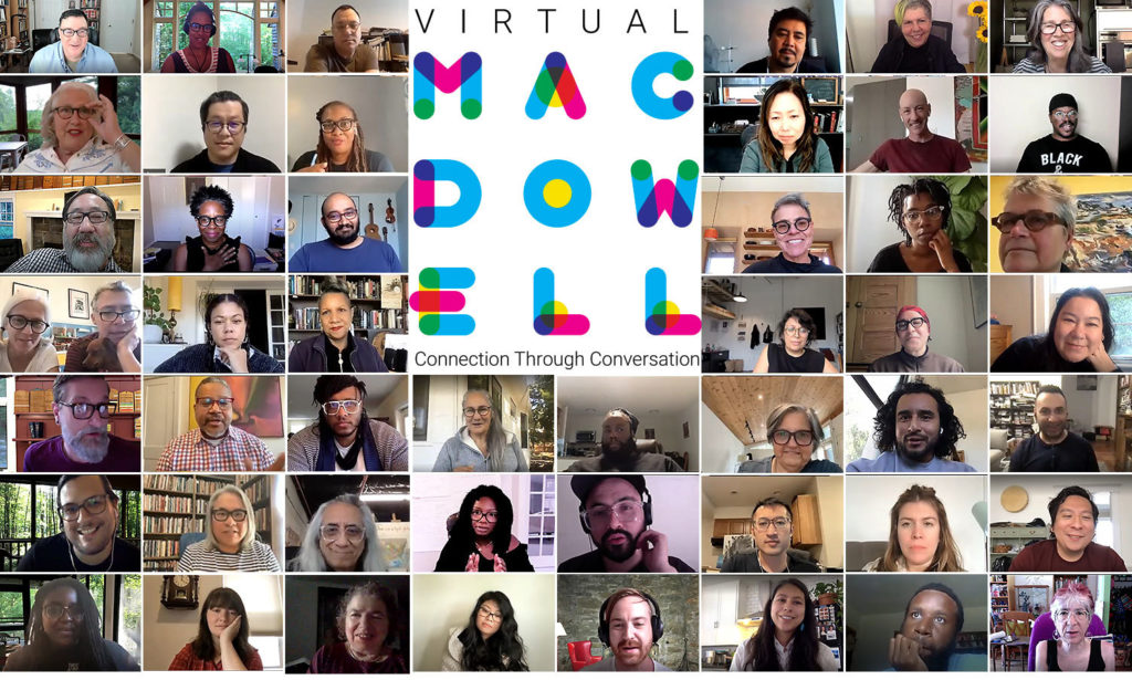 A collage of images. In the center, the Virtual MacDowell logo. Surrounding the logo are dozens of screenshots of people on a video call.