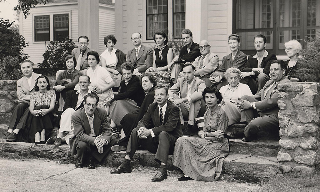 Fellows from 1952 gather on the steps of MacDowell's main hall for a group photo.