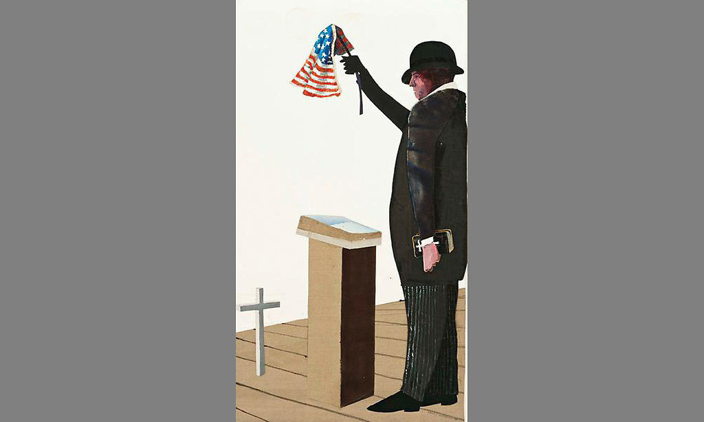 Demagogue (America Series), 1990; Oil and graphite on paper with painted fabric collage, 50 3/4 × 27 7/8 × 1/4 in. © Benny Andrews Estate; Courtesy of Michael Rosenfeld Gallery LLC, New York, NY