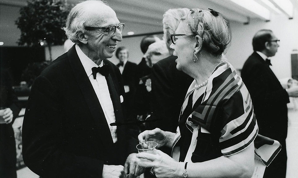 Louise Talma speaks with friend Aaron Copland on the occasion of his 75th birthday celebration at the New York Benefit in 1975.