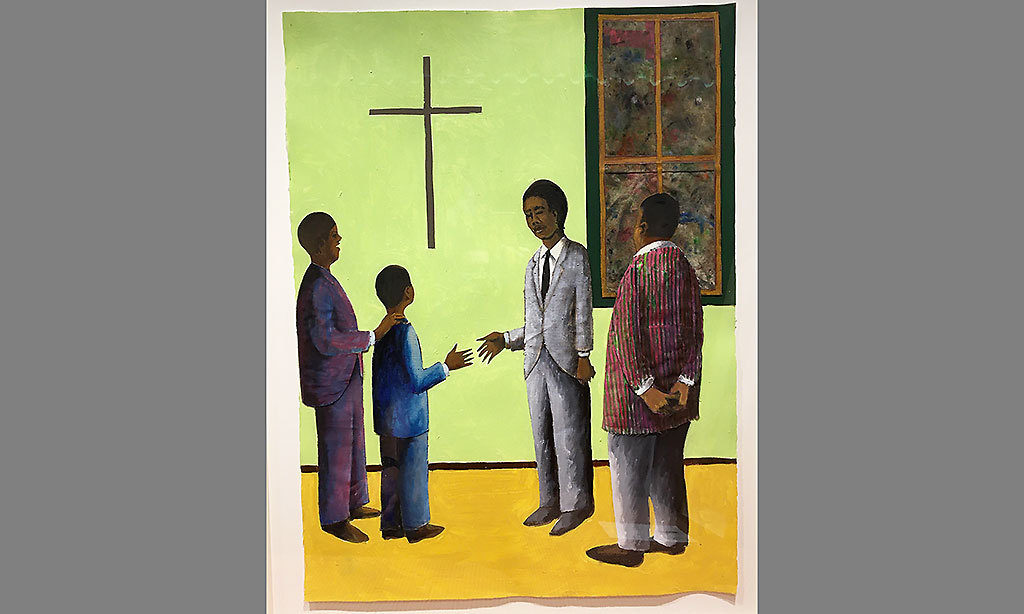 The Meeting (John Lewis Series), 2005; Oil and collage on paper; 30” x 22 ¼”, MacDowell collection,© Benny Andrews Estate; Courtesy of Michael Rosenfeld Gallery LLC, New York, NY