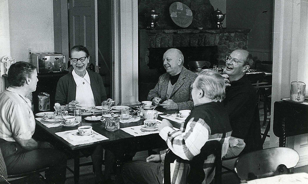 Colony Fellows (from left) Hortense Powdermaker, Louise Talma, Virgil Thomson, Warren Benson, and Hyde Solomon at dinner in 1963. Thomson was in residence in both 1963 and 1966. He may have written some of his autobiography during that first residency