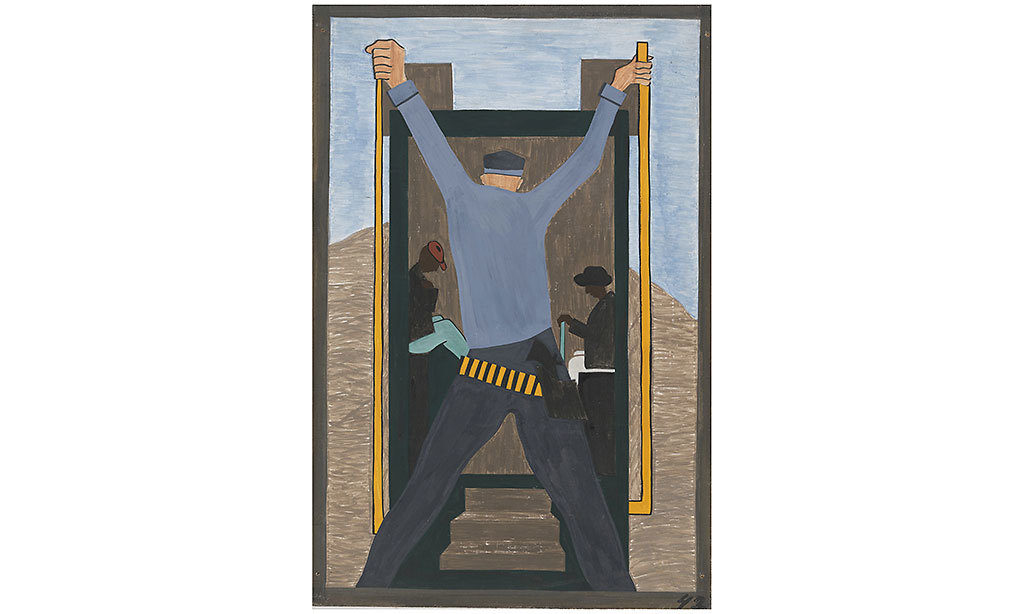 Jacob Lawrence, “They also made it very difficult for migrants leaving the South. They often went to railroad stations and arrested the Negroes wholesale, which in turn made them miss their train,” 1940-41, MoMA
