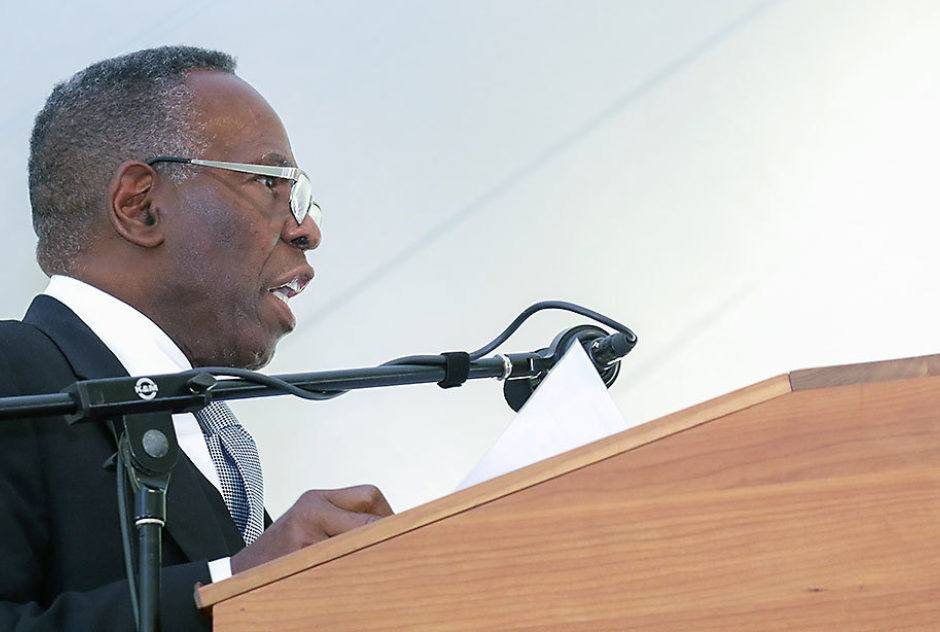 MacDowell Medalist Charles Gaines stands at the podium and speaks to the audience during the ceremony