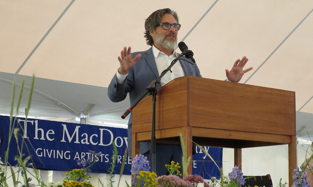 Master of ceremonies and Chairman of the Board Michael Chabon welcomes the Medal Day crowd to thre festivities on Sunday, August 13, 2017. (Christian Holland photo)