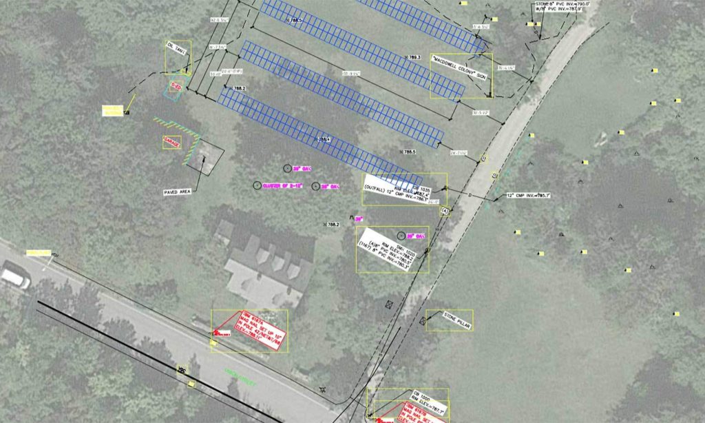 An overhead view of the MacDowell grounds with overlaid drawings of the revision plan