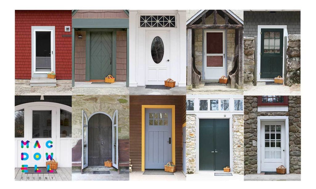 Collage of the MacDowell studio front doors. The collage shows 10 doors