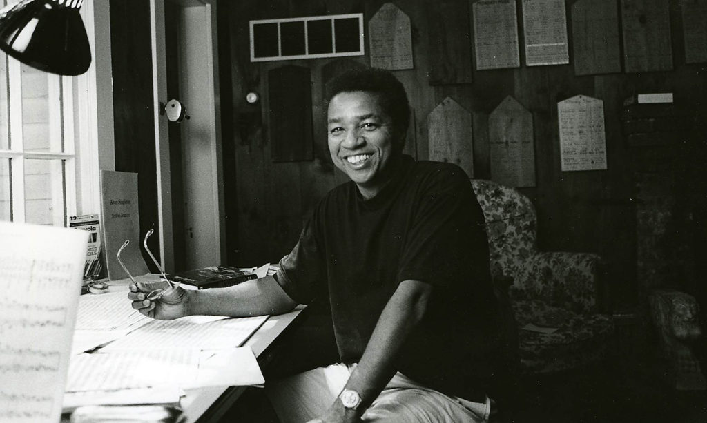 Composer Alvin Singelton at his desk in Monday Music Studio in 1991,
