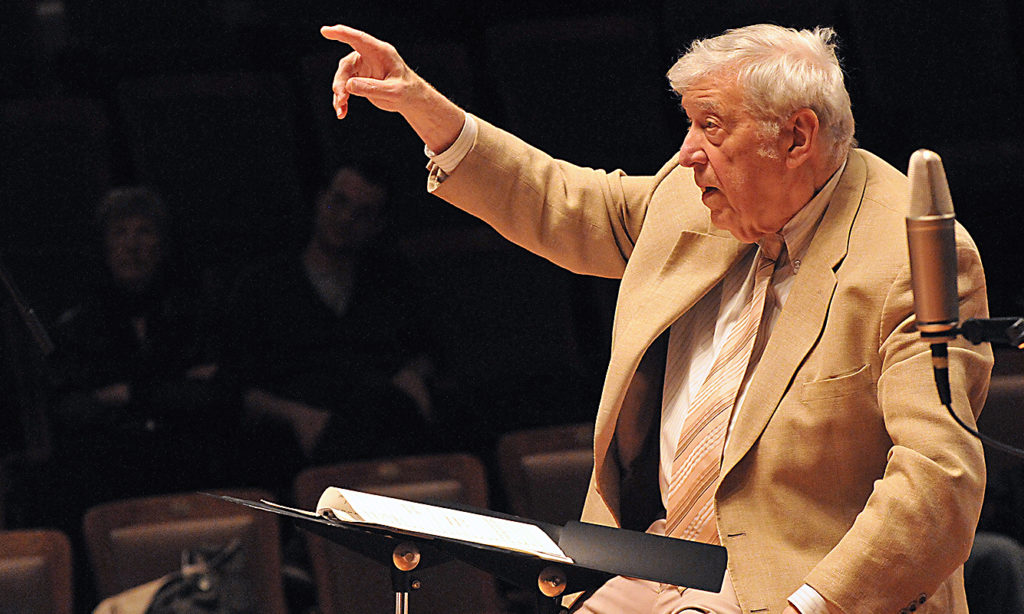Gunther Schuller conducting at a New England Conservatory event in 2009. (Andrew Hurlbut photo)