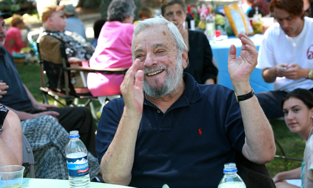 Stephen Sondheim reacts to a group of young fans serenading him with one of his countless songs written for the stage after being awarded the 2013 Edward MacDowell Medal on August 11, 2013. (Photo by Joanna Eldredge Morrissey)