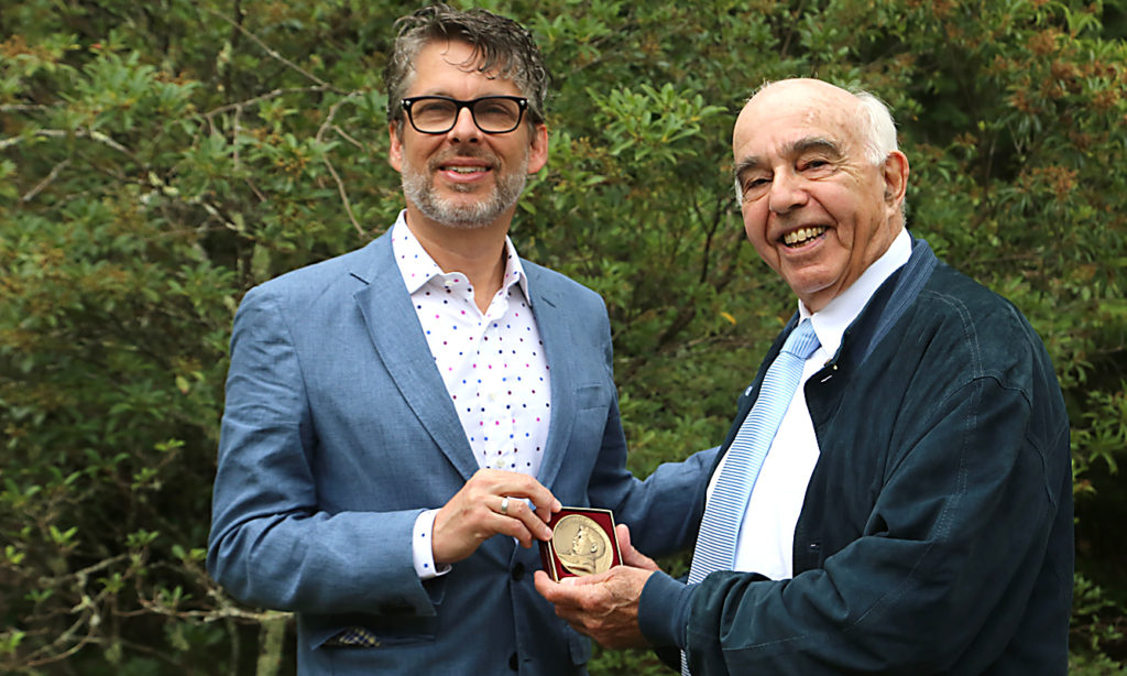 Michael Chabon and Yehudi Wyner with Edward MacDowell Medal awarded to Gunther Schuller. (Joanna Eldredge Morrissey photo)