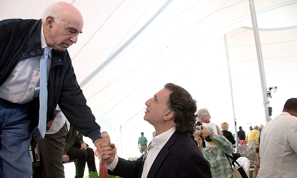 MacDowell Fellow and composer Richard Danielpour greets Yehudi Wyner at the stage after the ceremony. 