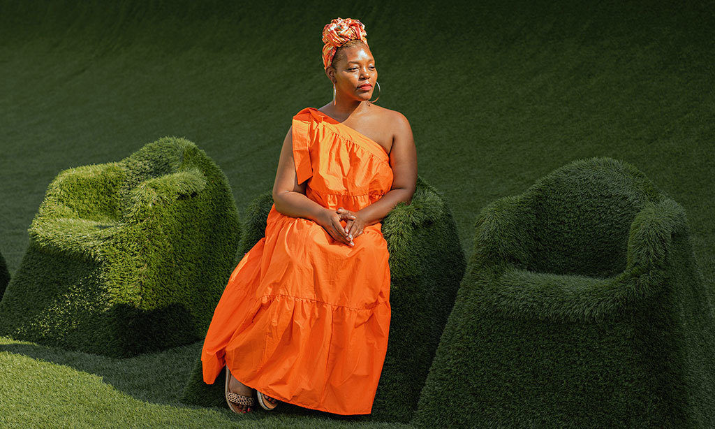 Writer, organizer, and educator Mahogany L. Browne photographed by Jasmine Clarke in MacDowell Fellow Mimi Lien’s (2012) installation, The Green, in Lincoln Center’s plaza, summer of 2021.