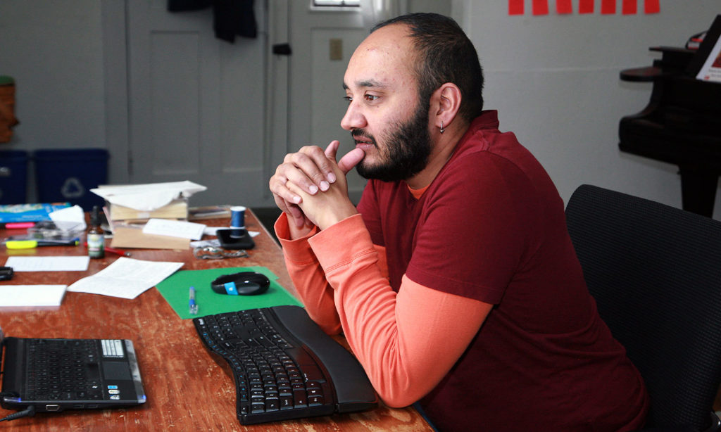 Playwright Mashuq Mushtaq Deen was in residence in Delta Omicron Studio in 2015. (Joanna Eldredge Morrissey photo.)