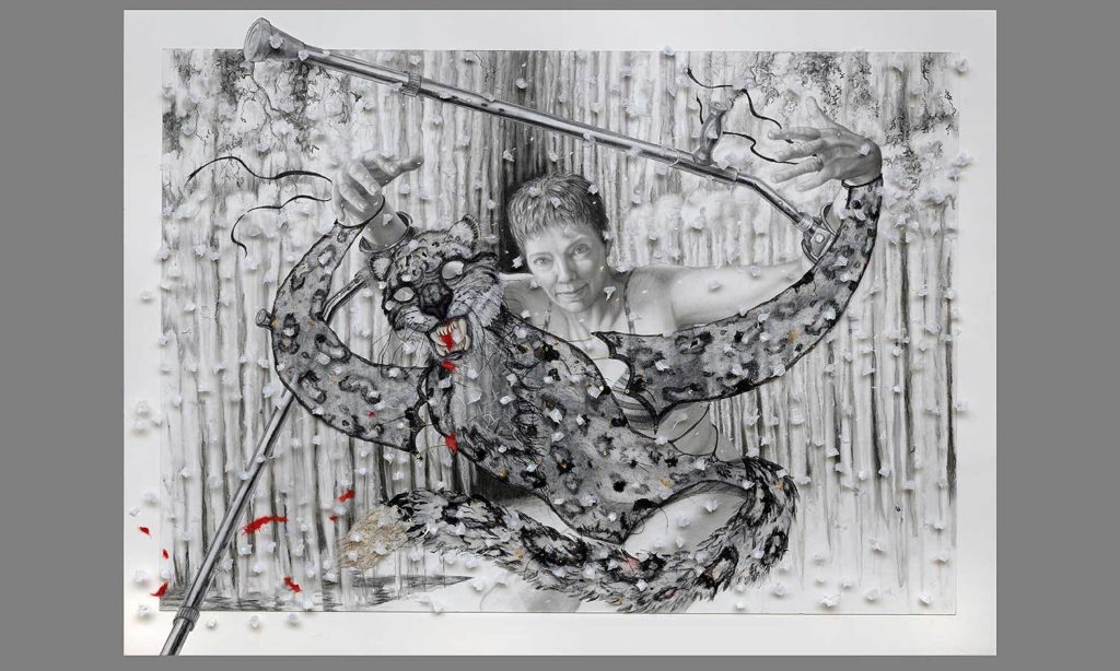 Nicola/Snow Leopard (Nicola Griffith); charcoal, mixed media, steel pins and dimensional collage on board, snowstorm made of rice paper; 30 in. X 44 in. X 3 in.; 2013