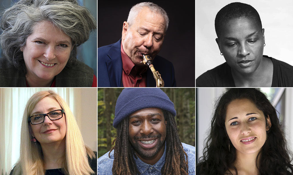 (Clockwise, from top left) Visual artist Angela Dufresne, composer Marty Ehrlich (by Erika Kapin), poet Dawn Lundy Martin (by Erika Hodges), fiction writer Kirstin Valdez Quade, playwright James Anthony Tyler, and composer Laura Schwendinger.
