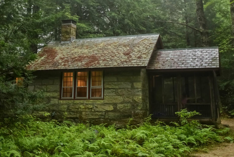 Phi Beta Studio on a cloudy, rainy day in summer. The small stone building is nestled deeply into a dense pine forest, surrounded by lush ferns. A slight fog engulfs the scene.
