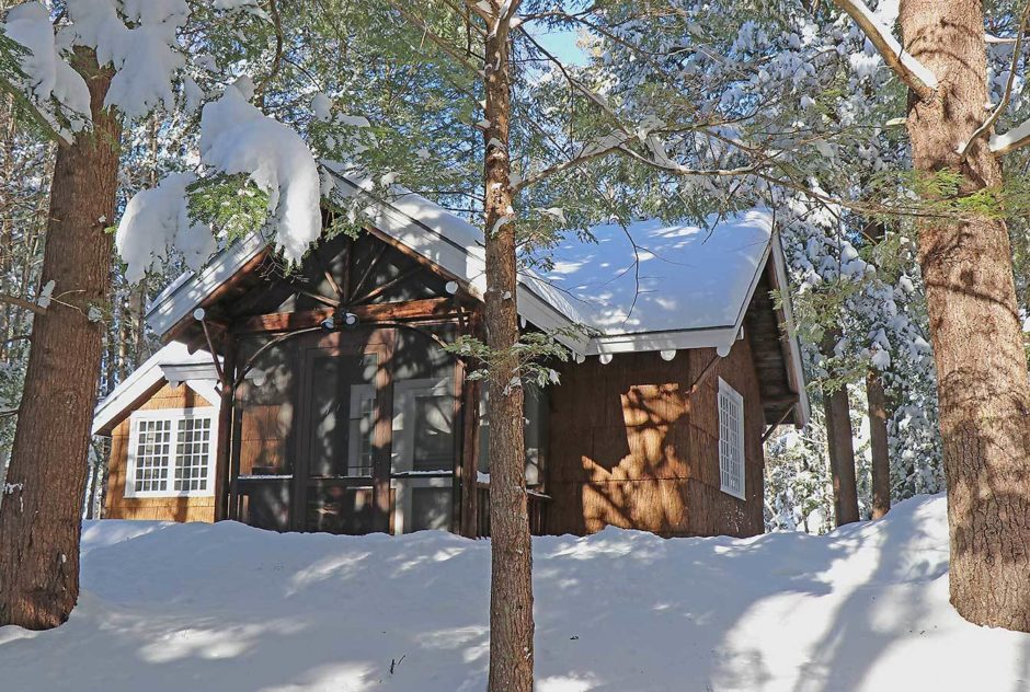 Wood Studio on a sunny day in winter 2020 surrounded by deep snow