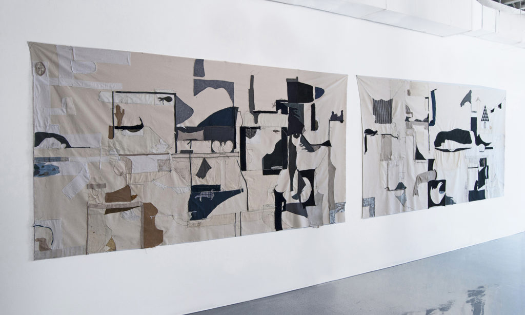 Partition #1 and #2 - Partition #1 and #2; mixed media and found fabric; 230 in x 60 in; 2019