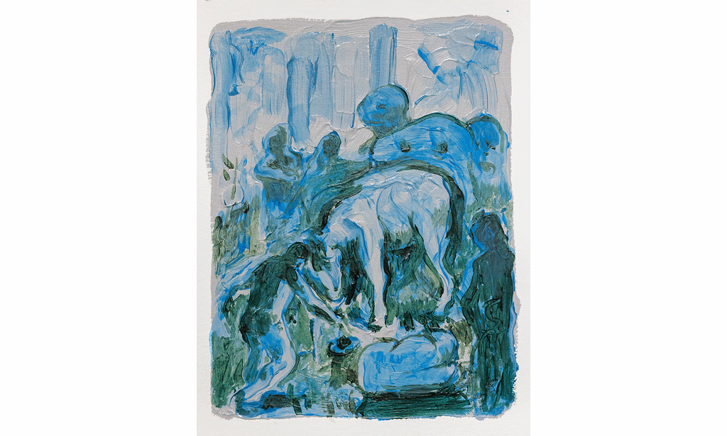 An abstract painting of a horse being fed by a person