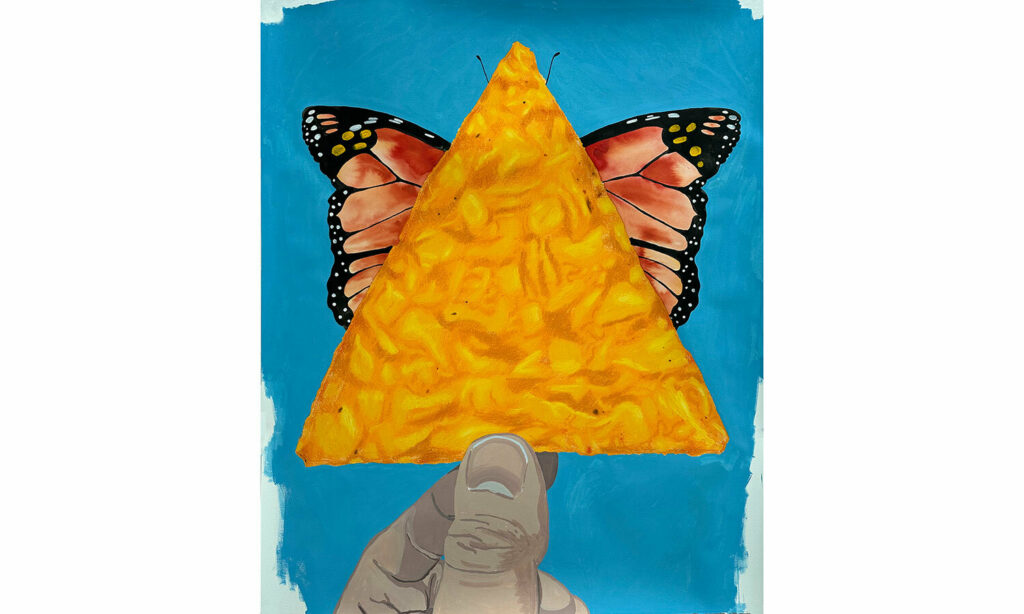 Bright pastel drawing of a Dorito being held between thumb and finger.  A monarch butterfly sits on the other side of the chip, only the tips or its orange wings and antennae visible.