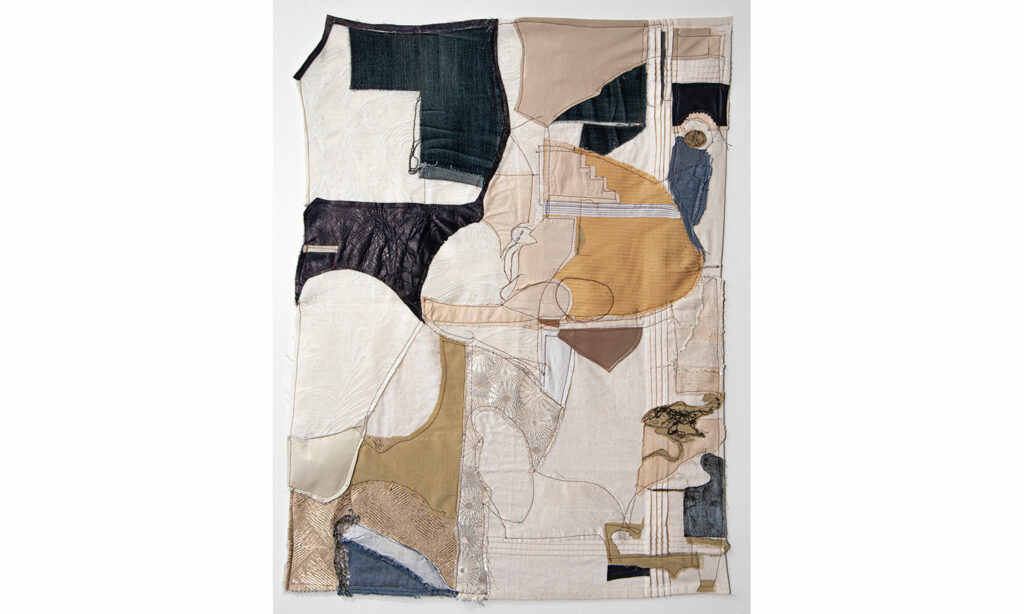 found fabric, leather and collagraph prints, 28.5in x 22in, 2021