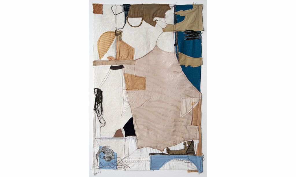 Fur - found fabric, found objects, leather and collagraph prints, 30in x 19in, 2021