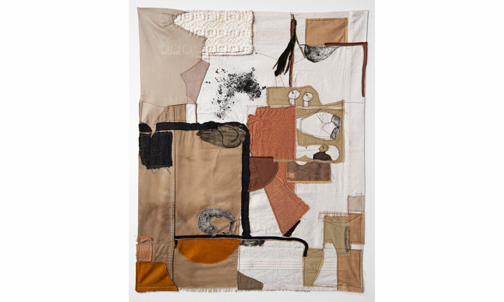 found fabric, leather and collagraph prints, 29.5in x 23.5in, 2021
