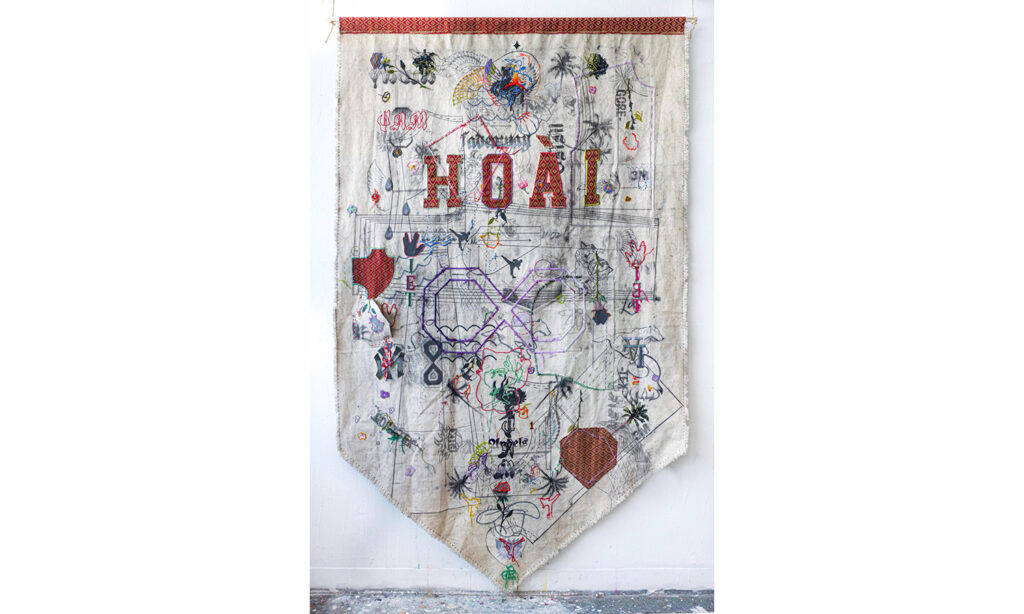 Andy Van Dinh - hand embroidered tapestry. Embroidery, ink, graphite, and reflective paint on canvas, 83" x 53"