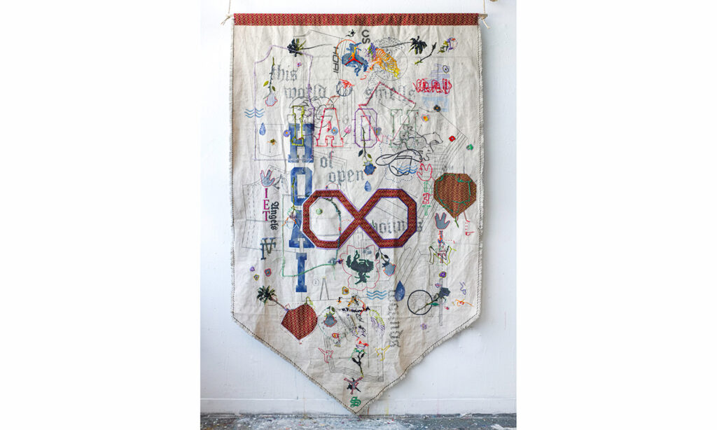 Andy Van Dinh - hand embroidered tapestry. Embroidery, ink, graphite, and reflective paint on canvas, 83" x 53"