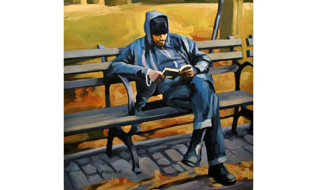 Man Reading, Thompkins Square Park - oil on wood panel, 20" x 20", 2014