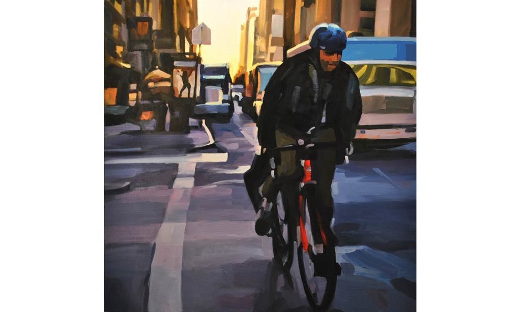 Man on a Bike, East 23rd St. - oil on wood panel, 24" x 24", 2014