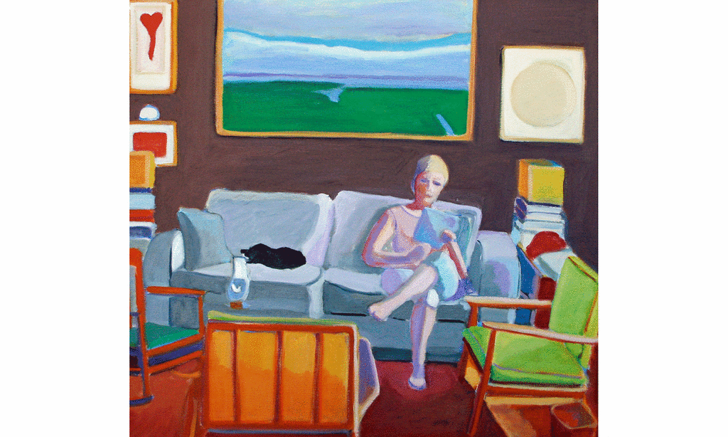 A painting of the interior of my apartment with my sister Michele reading