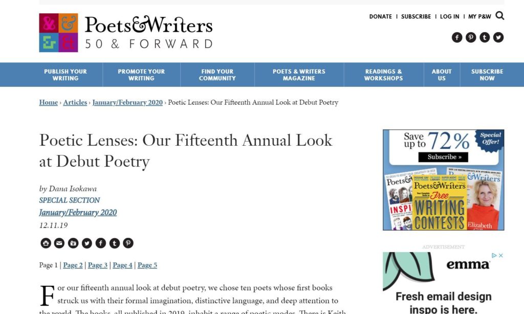 Poetic Lenses: Our Fifteenth Annual Look at Debut Poetry - Patty was one of Poets & Writer's featured debut poets (Jan/Feb 2020)