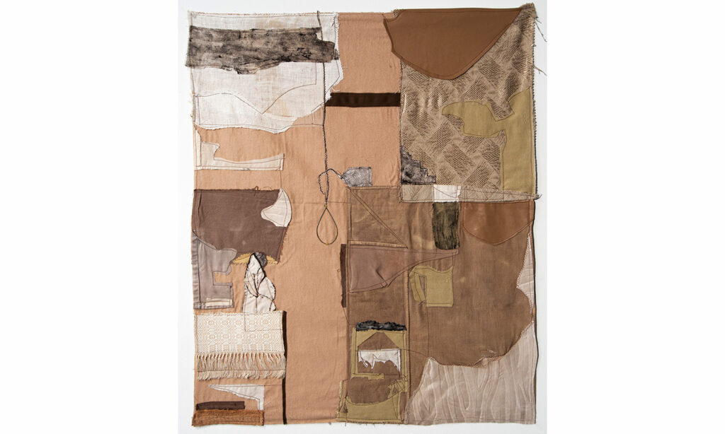 2021, found fabric, found object and thread, 30in x 24in