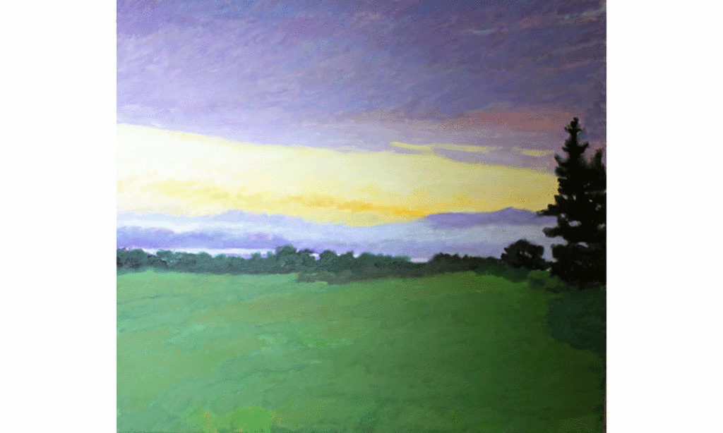 A landscape painting created in Downeast Maine of the twilight off of the Penobscot Bay