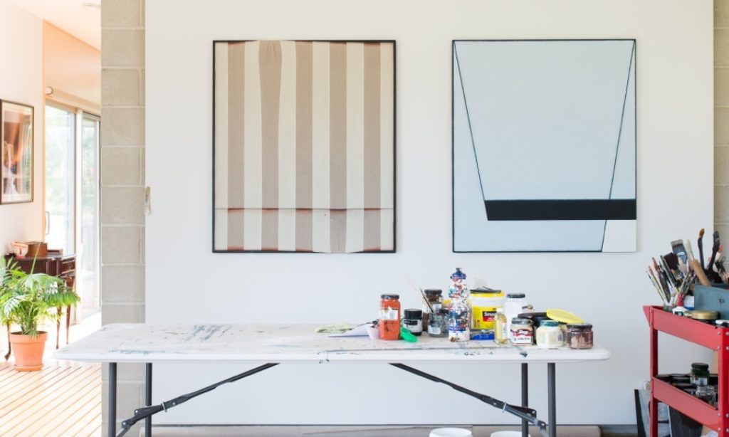 Peter Adsett's 'Humbug' studio with Painting number 4 and 3 (installation), Melbourne, Victoria, Aus