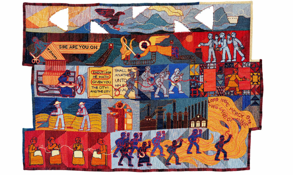 Gospel; punch needle embroidered tapestry; created by Tabitha Arnold at her MacDowell residency in 2023. The piece's imagery is inspired by the revolutionary, abolitionist, and socialist labor history of the Southern U.S.